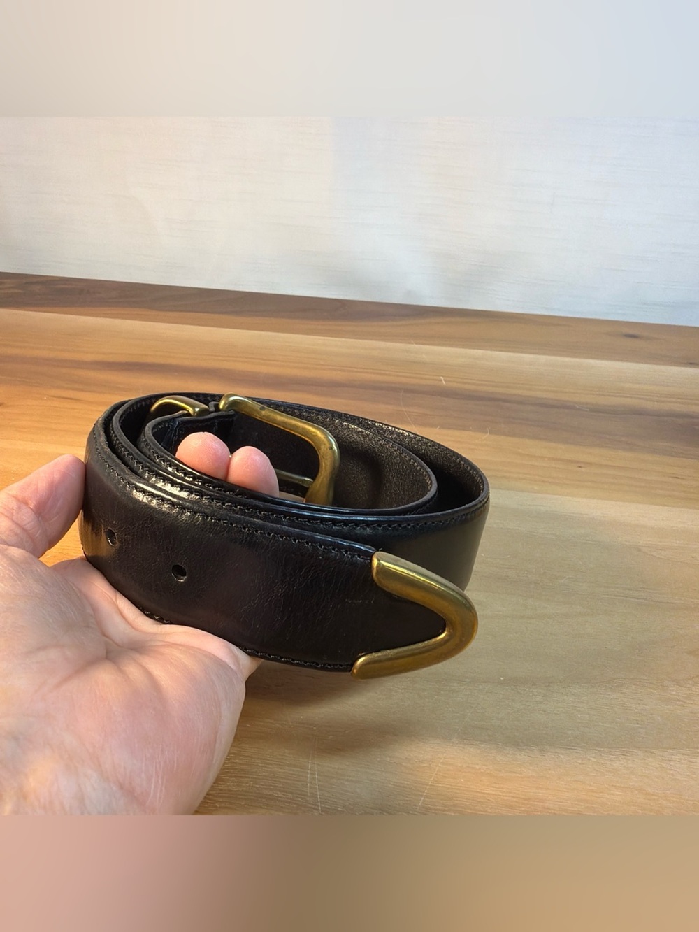 VTG FOSSIL Black Genuine Leather Belt Sz S/M Length 39” Brass Buckle Minimalist